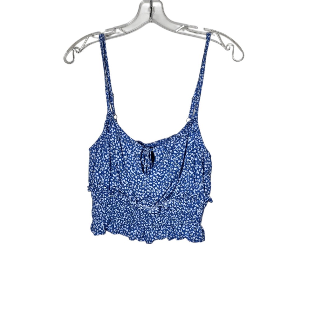 Wild Fable Floral Cami Top Keyhole Smocked Ruffle Blue White‎ Crop Top M